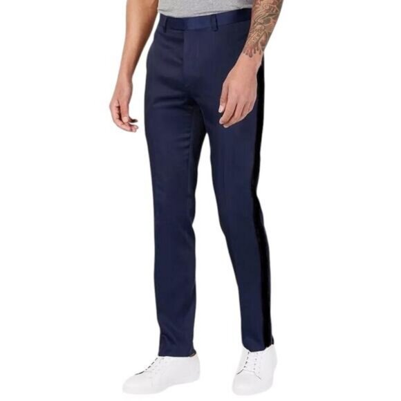NWT CALVIN KLEIN Slim Fit Men's Navy Pant Size 38 X 32 Black Side Stripe - Picture 1 of 7